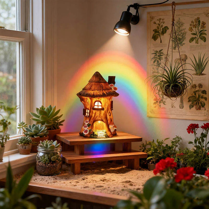 Fairy House-Themed Resin Crafts Statue Artistic Decor Hand-painted Light Flower Detail Indoor Window Sill Fantasy-Style Model