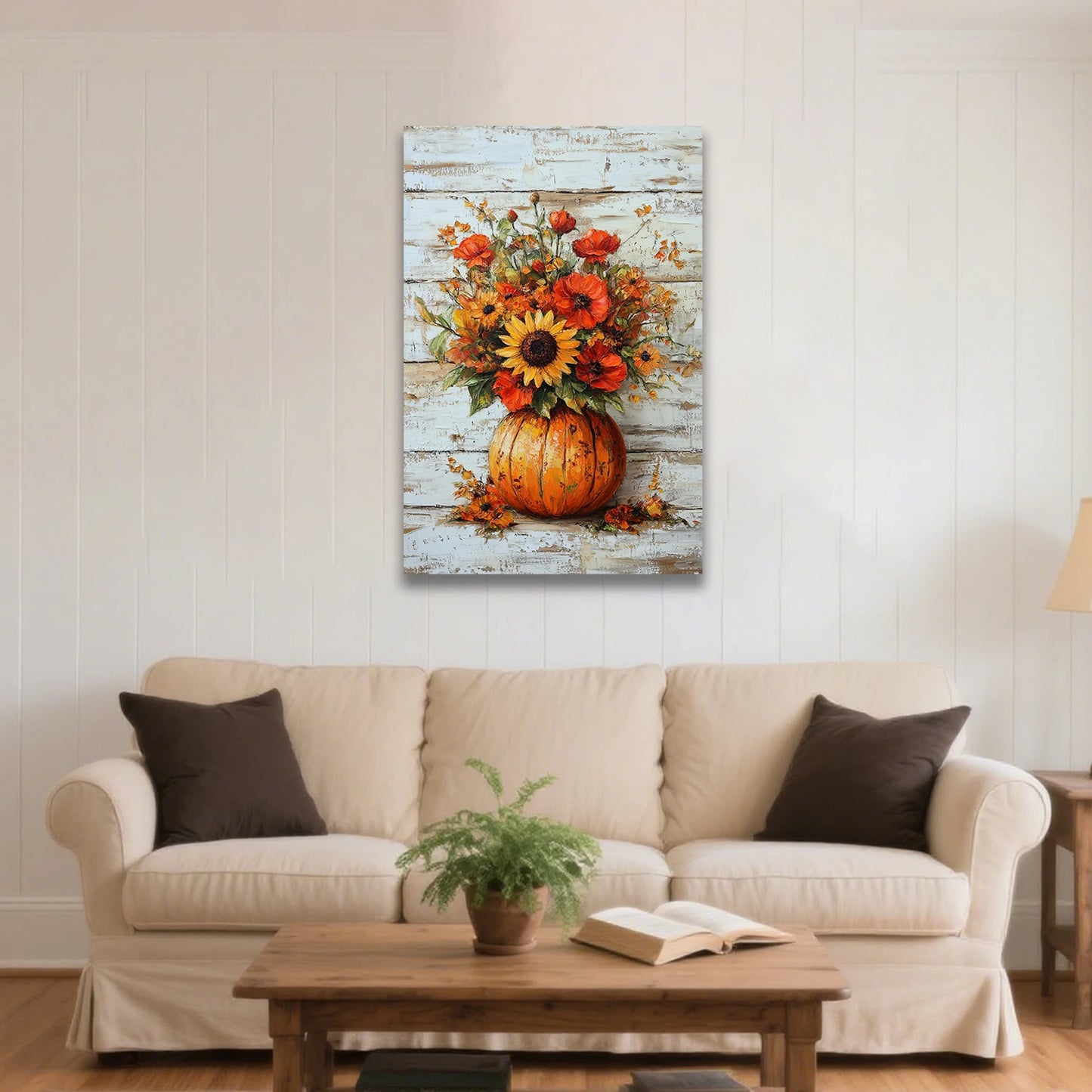 Looife Autumn Sunflower Bouquet Print Canvas Wall Art - White Pumpkin Vase Floral Scene, Rustic Halloween Farmhouse Home Decor