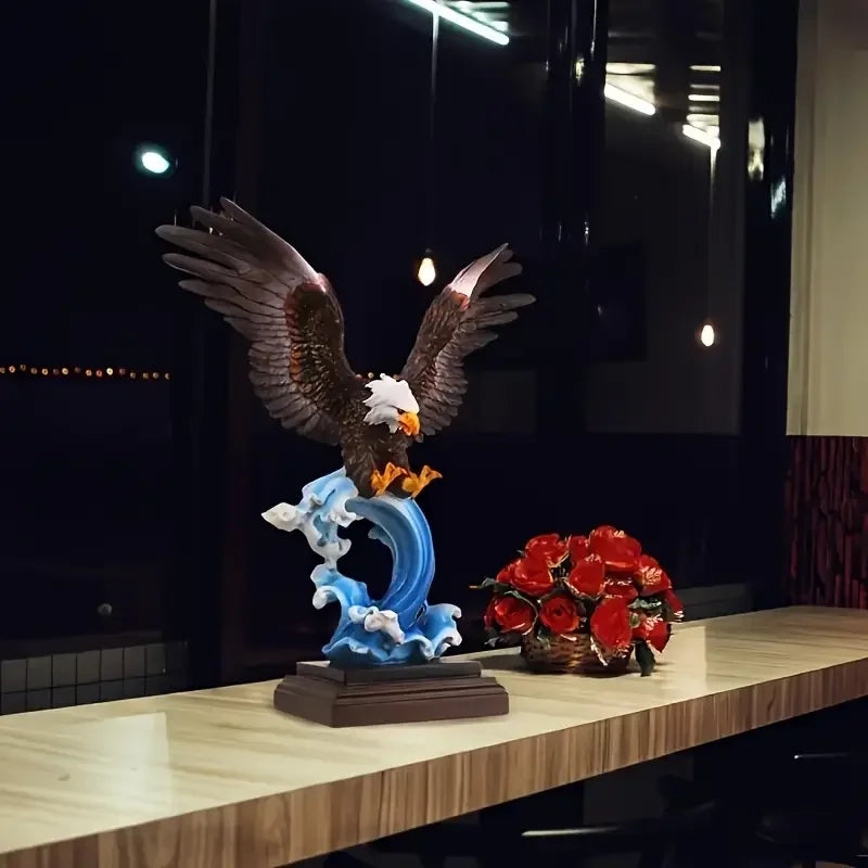 Vigorous Eagle Statue Resin Animal Sculpture Lifelike Detail Wave Base Office Home Decor Display Garden Painting Figurine
