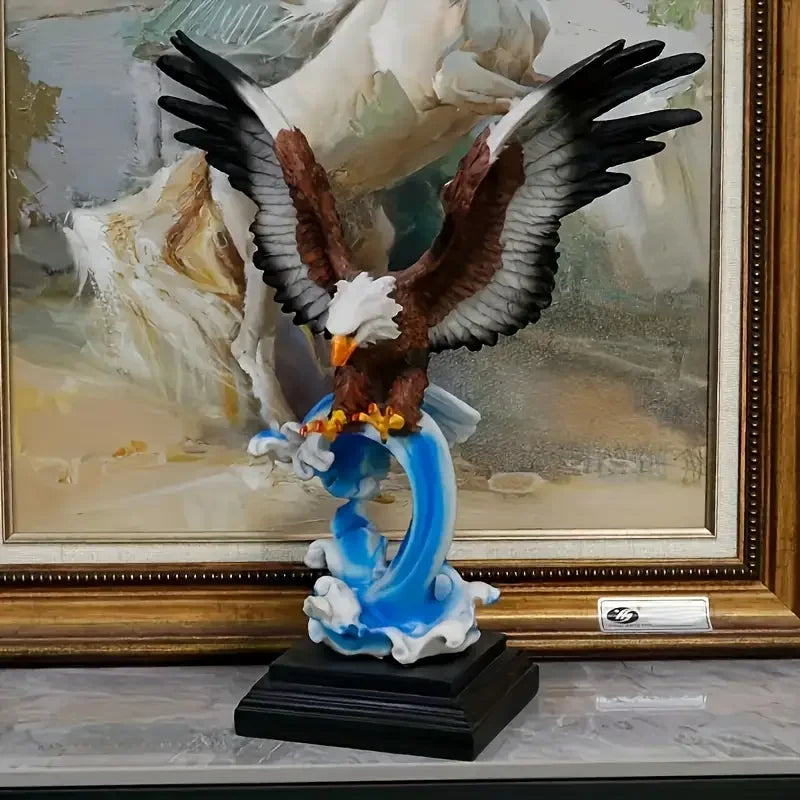 Vigorous Eagle Statue Resin Animal Sculpture Lifelike Detail Wave Base Office Home Decor Display Garden Painting Figurine