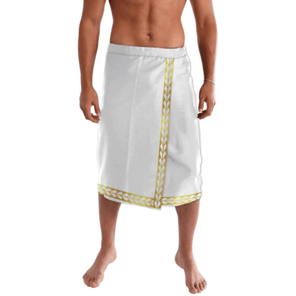 Print on Demand Custom Good Quality Golden Printed Lavalava Mens Skirt Samoan Traditional Clothes White Hawaii Sarongs for Men