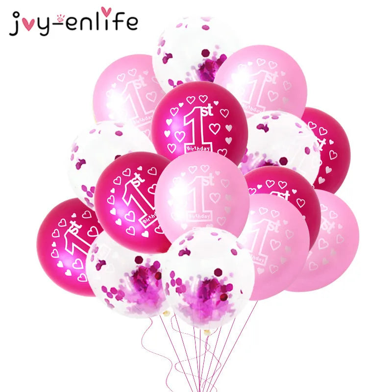 10/15pcs Pink 1st Birthday Balloon One 1 Year Old First Happy Birthday Party Decor Latex Ballons Globos Baby Shower Girl Favor