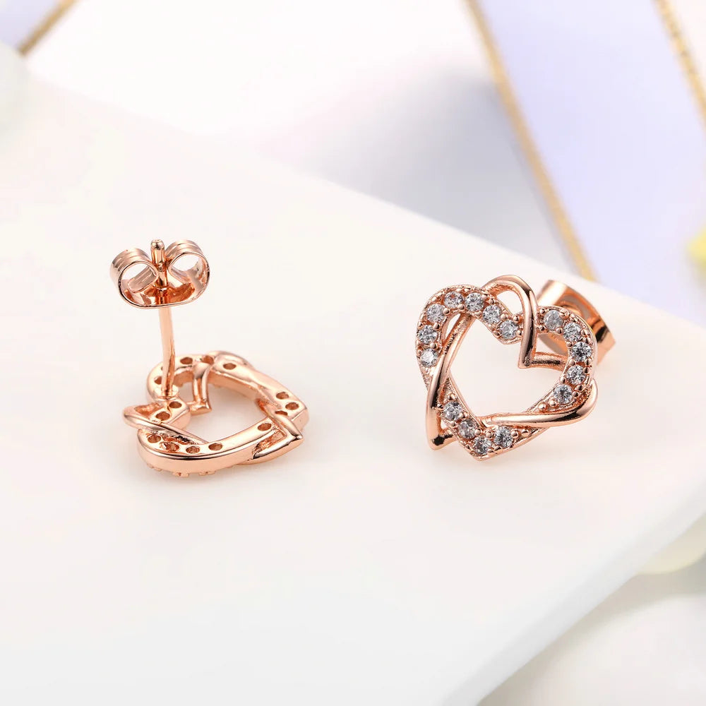 Premium Love Heart Intertwined Stud Earrings - Rose Gold Crystal Jewelry