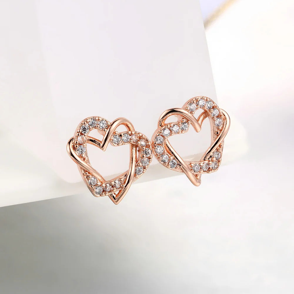 Premium Love Heart Intertwined Stud Earrings - Rose Gold Crystal Jewelry