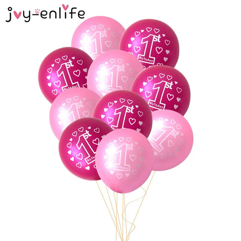 10/15pcs Pink 1st Birthday Balloon One 1 Year Old First Happy Birthday Party Decor Latex Ballons Globos Baby Shower Girl Favor
