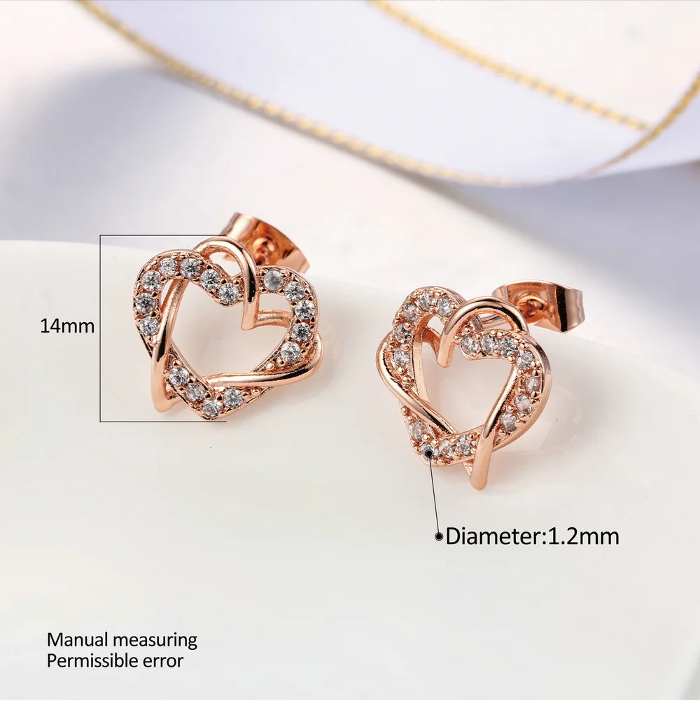Premium Love Heart Intertwined Stud Earrings - Rose Gold Crystal Jewelry
