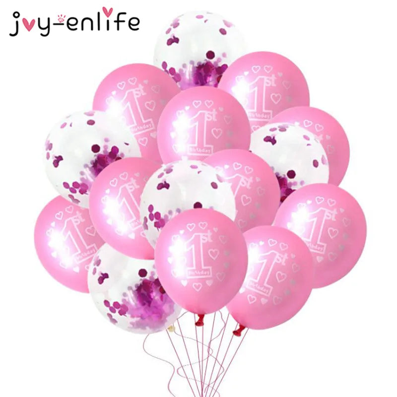 10/15pcs Pink 1st Birthday Balloon One 1 Year Old First Happy Birthday Party Decor Latex Ballons Globos Baby Shower Girl Favor