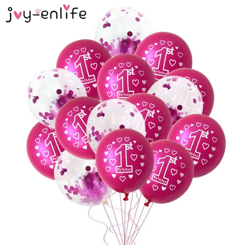 10/15pcs Pink 1st Birthday Balloon One 1 Year Old First Happy Birthday Party Decor Latex Ballons Globos Baby Shower Girl Favor