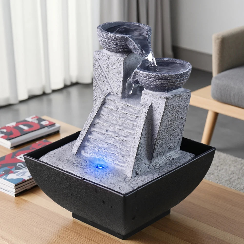 US Stock 18cm Resin Tabletop Fountain with Two - Jar and Stair Design, LED Light Included - Ideal for Home Decor Enthusiasts