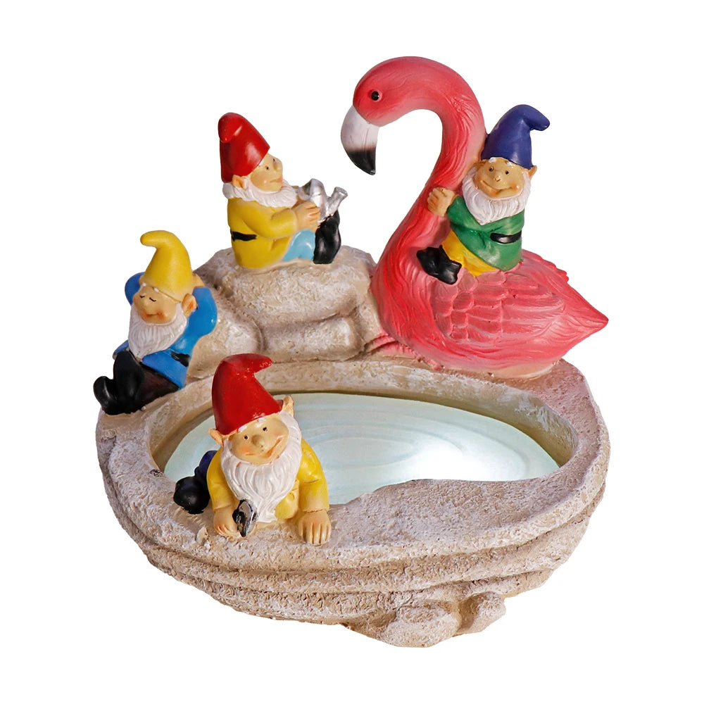 Solar-Powered Garden Gnomes and Flamingo Lantern Set with Mushroom Lights, 5 Colorful Dwarf Figurines Around a Pond