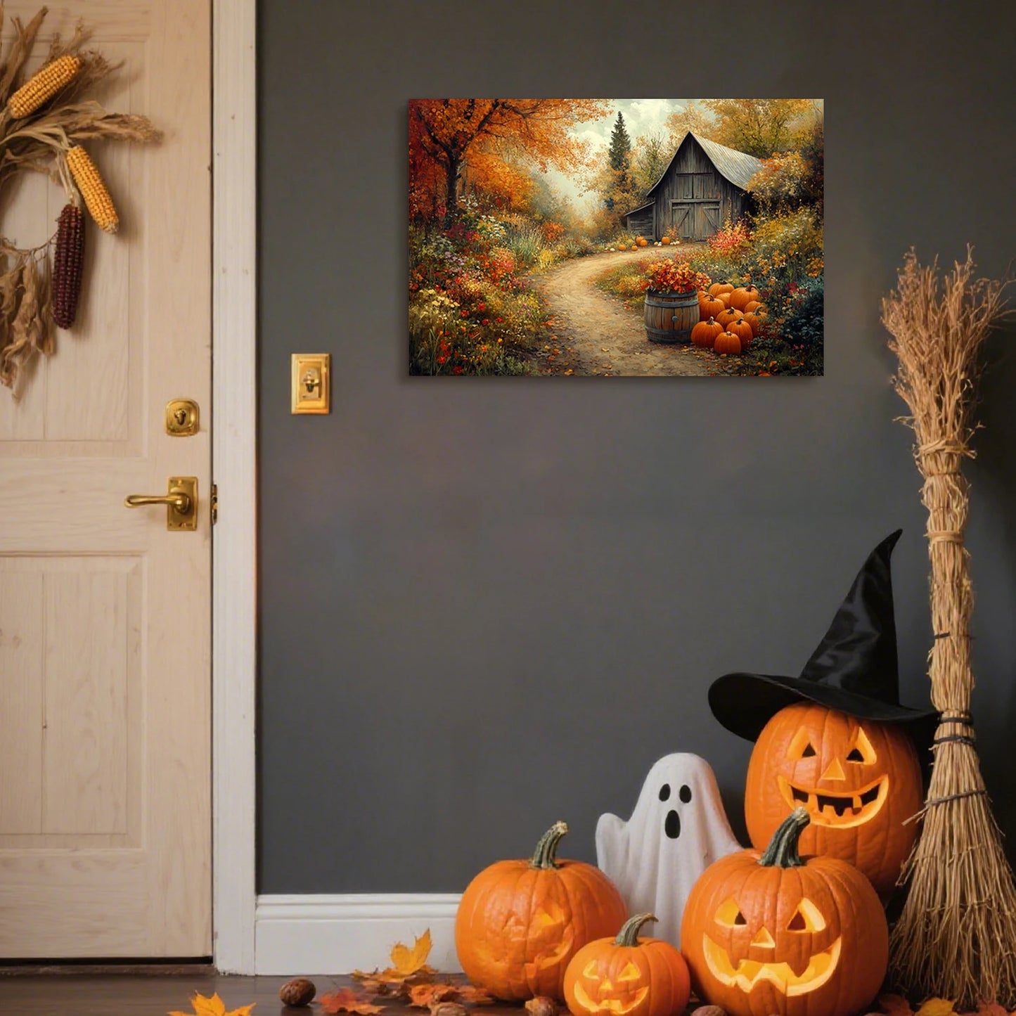 Looife Halloween Autumn Farmhouse Canvas Wall Art - Rustic Barn & Pumpkin Path Scene, Countryside Home Decor