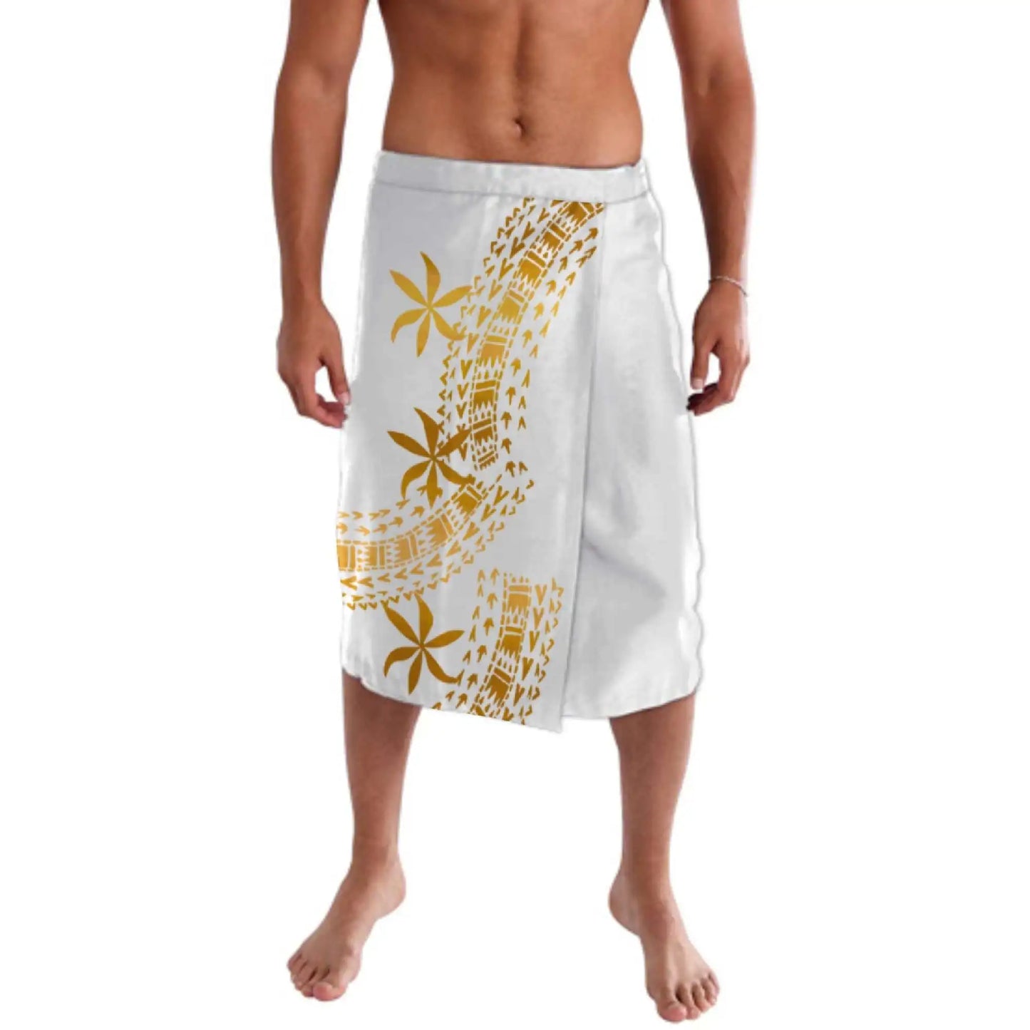 Print on Demand Custom Good Quality Golden Printed Lavalava Mens Skirt Samoan Traditional Clothes White Hawaii Sarongs for Men