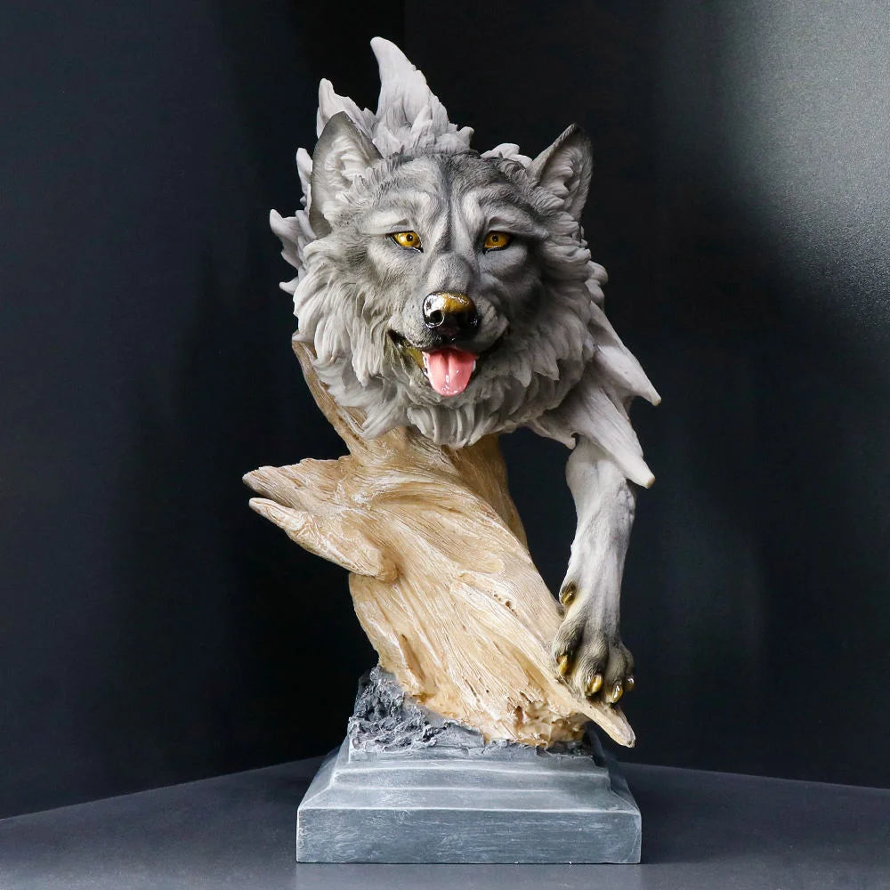 Wolf-Themed Hand-painted Resin Crafts Statue Artistic Decor Wood-Like Stone Base Detail Indoor Display Business Gift Art