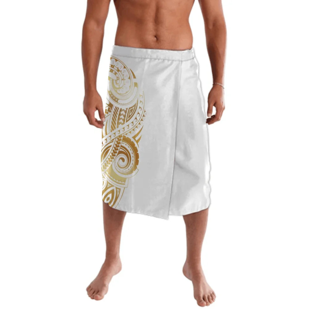 Print on Demand Custom Good Quality Golden Printed Lavalava Mens Skirt Samoan Traditional Clothes White Hawaii Sarongs for Men