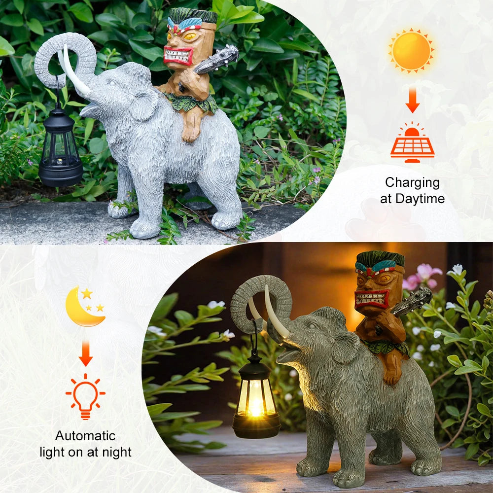 Tiki-Themed Resin Elephant Statue Lantern-Adorned Figurine Artful Garden Outdoor Display Home Decor Animal Flower Rabbit