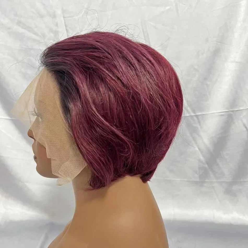 Brazilian Short Bob Pixie Cut Wig Human Hair Bob Short Wine Color Pixie Hair Cuts 13*4*1 Lace Wig With Baby Hair