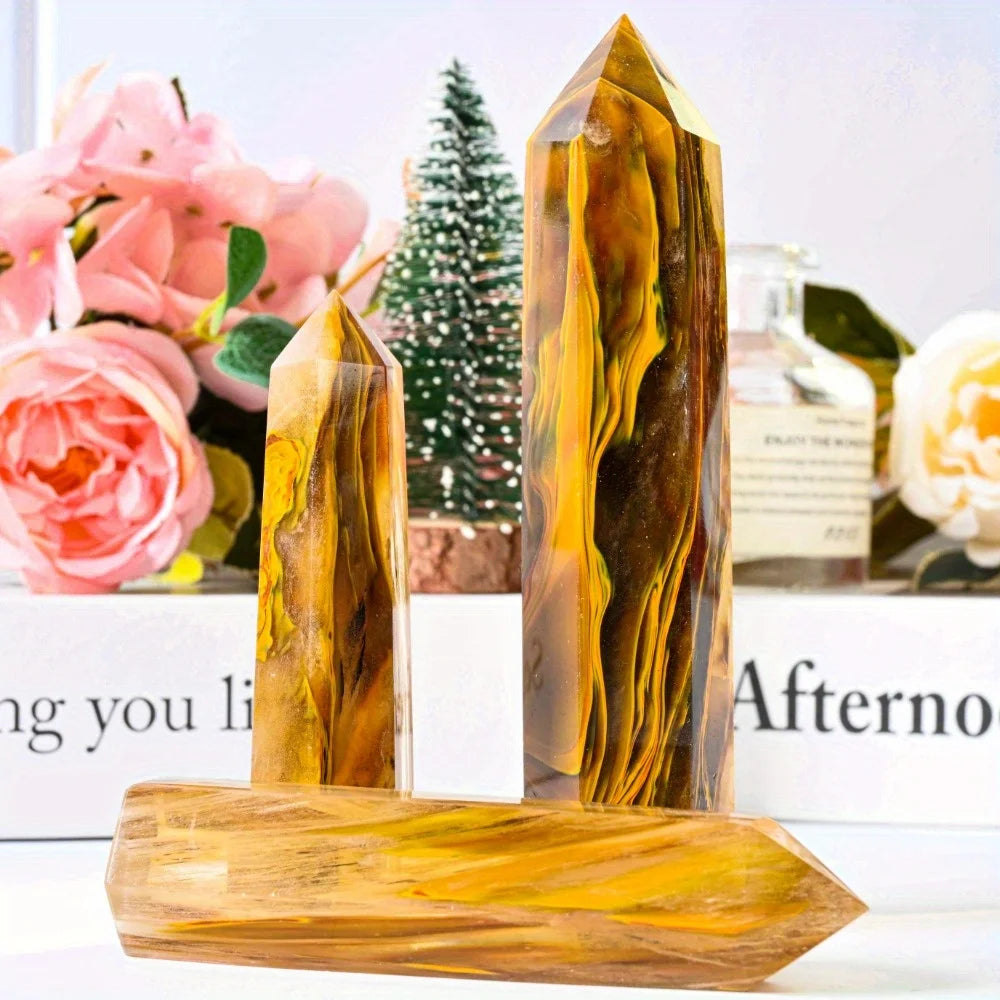 1 Pc High Quality Tiger Skin Smelting  Crystal Tower Single Column Hexagonal Craft  Point for Home Decor