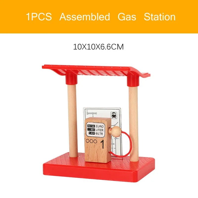 Wooden Train Tracks Scene Accessories Wooden Double Platform Gas Station Airplane Airport Educational DIY Toys For Children
