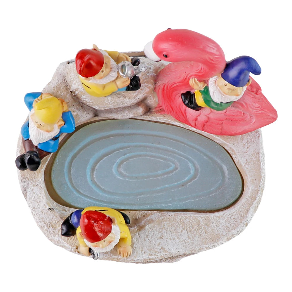 Solar-Powered Garden Gnomes and Flamingo Lantern Set with Mushroom Lights, 5 Colorful Dwarf Figurines Around a Pond