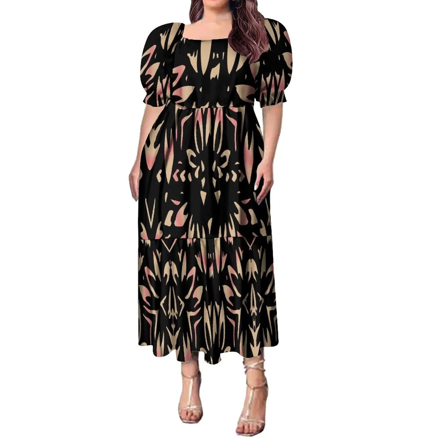 Best Price Wholesale Custom Hawaiian Tropical Flower Printing Multi Tiered Dresses Micronesia Puff Short Sleeve Ladies Dresses