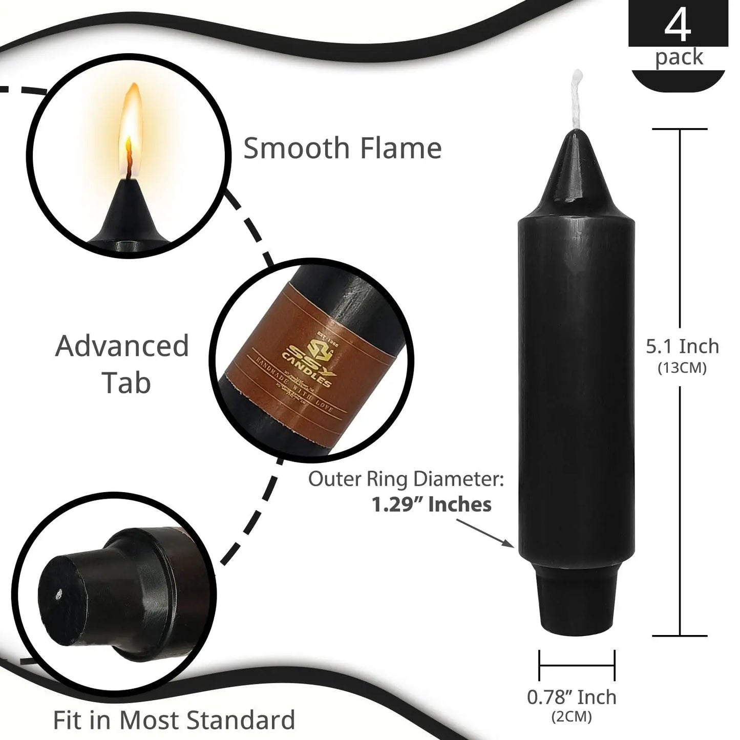 Black Short Taper Candle 5 Inch Halloween Candlesticks Unscented Drippless Candle Set for Home Decor Dinner Candles, 4 Pack