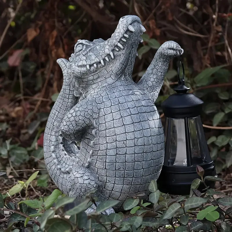 Detailed Resin Crocodile Statue with Lantern Painted Animal Sculpture for Garden & Outdoor Home Decor Art Theme Gift