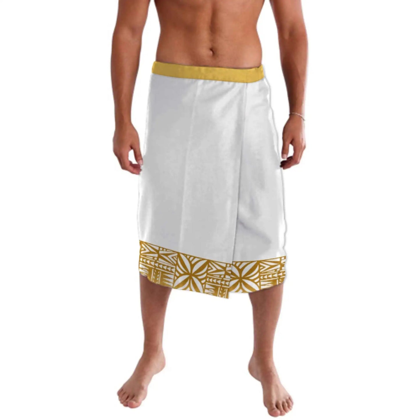 Print on Demand Custom Good Quality Golden Printed Lavalava Mens Skirt Samoan Traditional Clothes White Hawaii Sarongs for Men