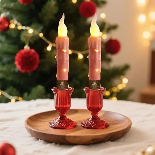 Real Wax Battery Operated Pink LED Taper Candles Short Flameless Timer String Lights for Home Decor Wedding Party