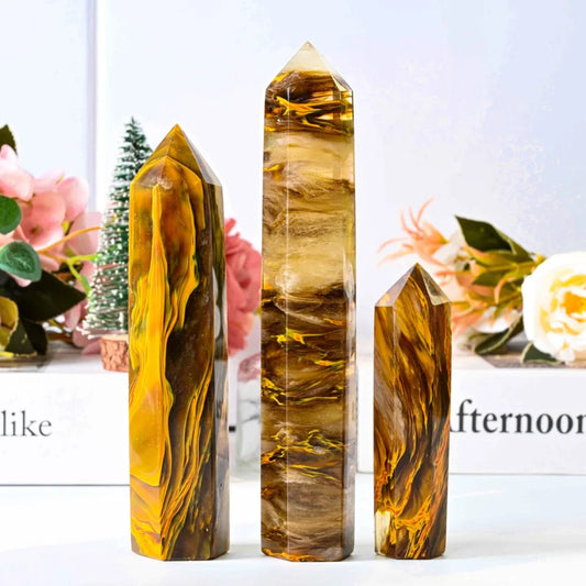 1 Pc High Quality Tiger Skin Smelting  Crystal Tower Single Column Hexagonal Craft  Point for Home Decor