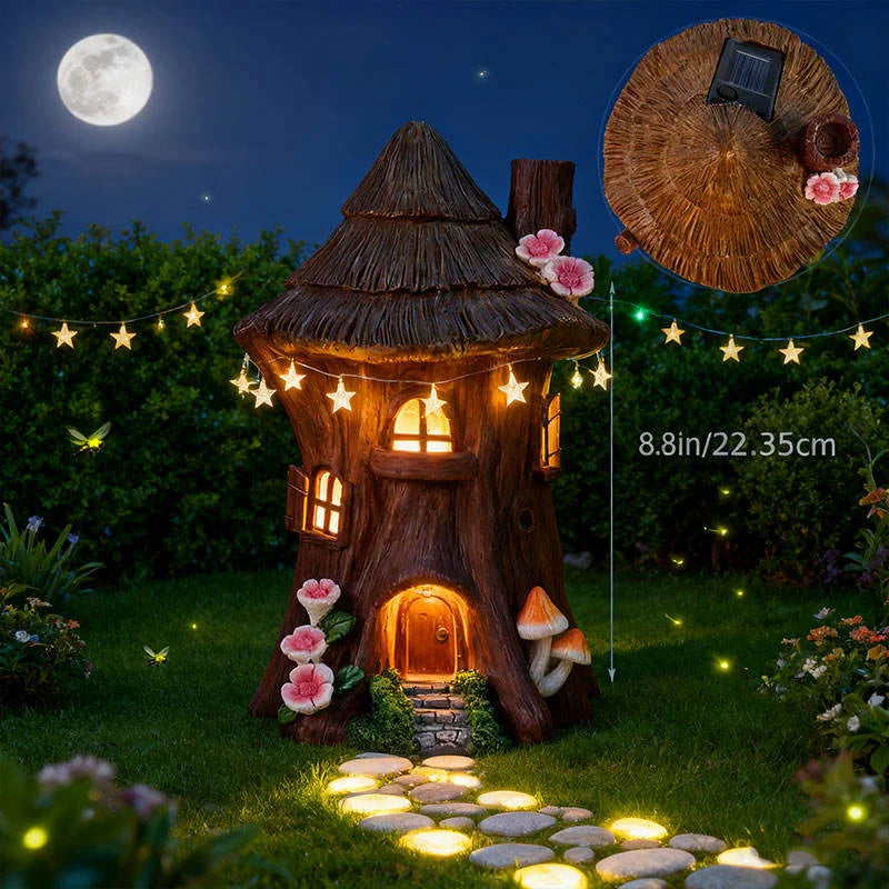 Fairy House-Themed Resin Crafts Statue Artistic Decor Hand-painted Light Flower Detail Indoor Window Sill Fantasy-Style Model