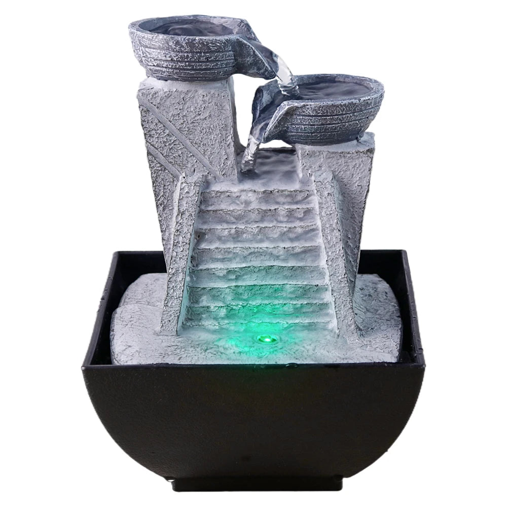 US Stock 18cm Resin Tabletop Fountain with Two - Jar and Stair Design, LED Light Included - Ideal for Home Decor Enthusiasts