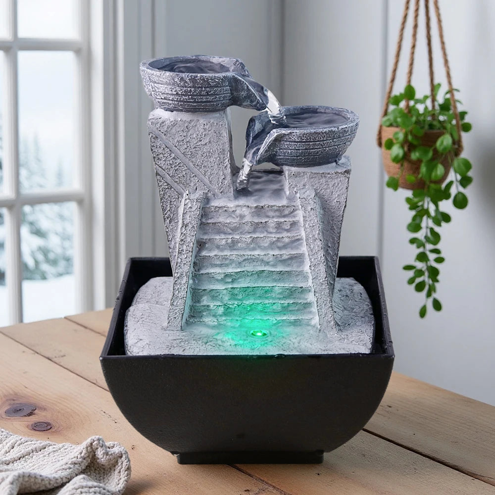 US Stock 18cm Resin Tabletop Fountain with Two - Jar and Stair Design, LED Light Included - Ideal for Home Decor Enthusiasts