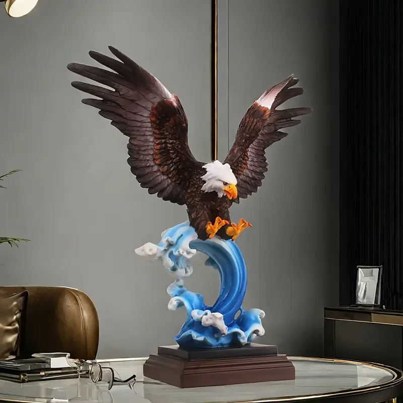 Vigorous Eagle Statue Resin Animal Sculpture Lifelike Detail Wave Base Office Home Decor Display Garden Painting Figurine