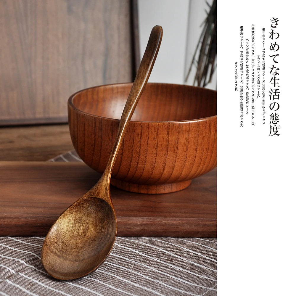 Natural Long Handle Wooden Spoon Japanese-Style Rice Scoop Mixing Soup Spoons Cooking Utensils Portable Tableware for Kicthen