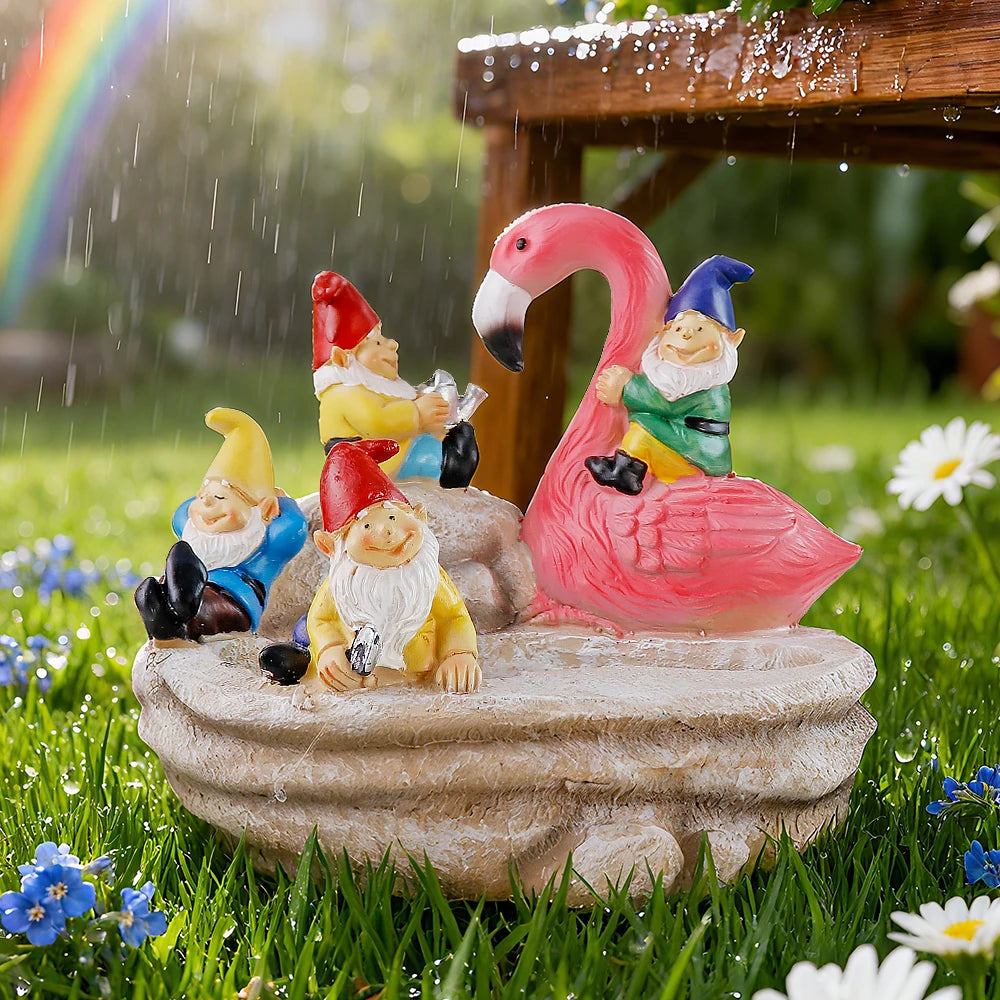 Solar-Powered Garden Gnomes and Flamingo Lantern Set with Mushroom Lights, 5 Colorful Dwarf Figurines Around a Pond