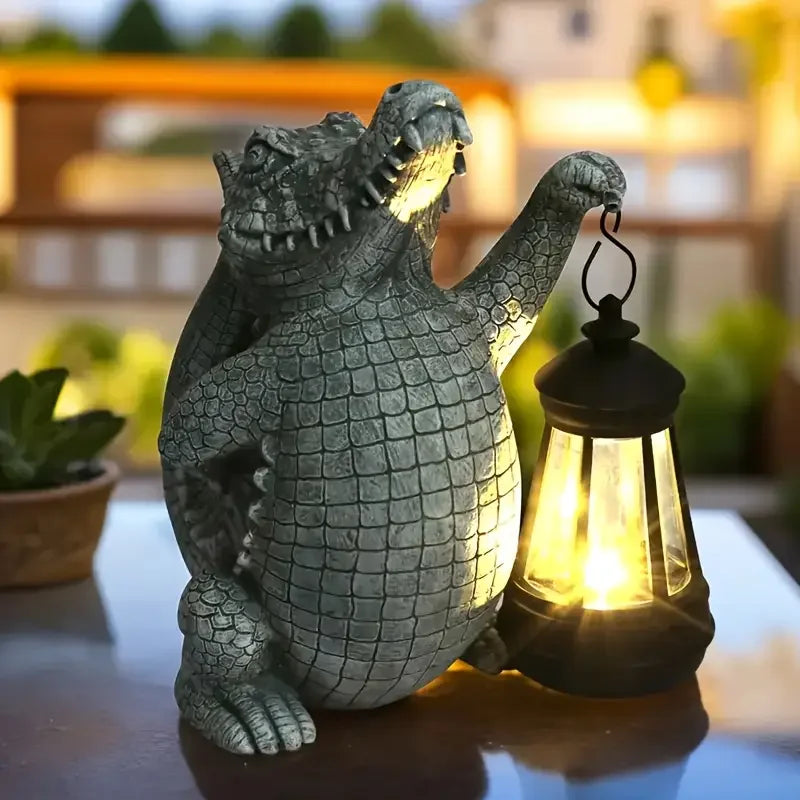 Detailed Resin Crocodile Statue with Lantern Painted Animal Sculpture for Garden & Outdoor Home Decor Art Theme Gift