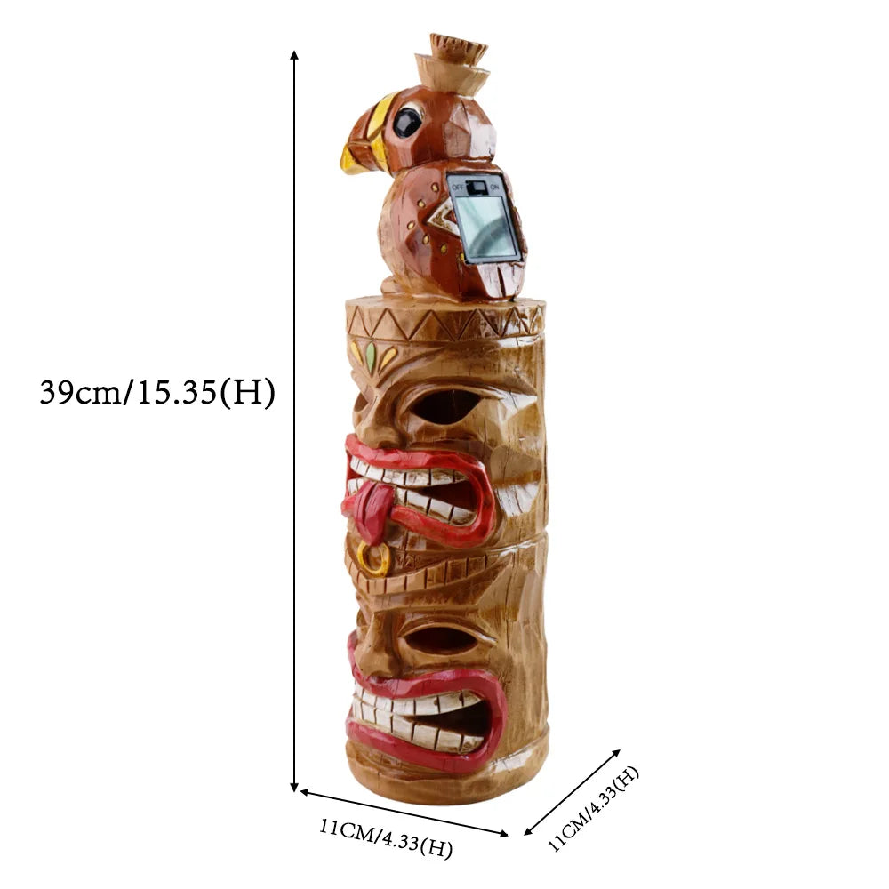Solar-Powered Toucan Totem Pole Light with Glowing Face Carvings, Tropical-Themed Night Illumination with Bird Perched on Top