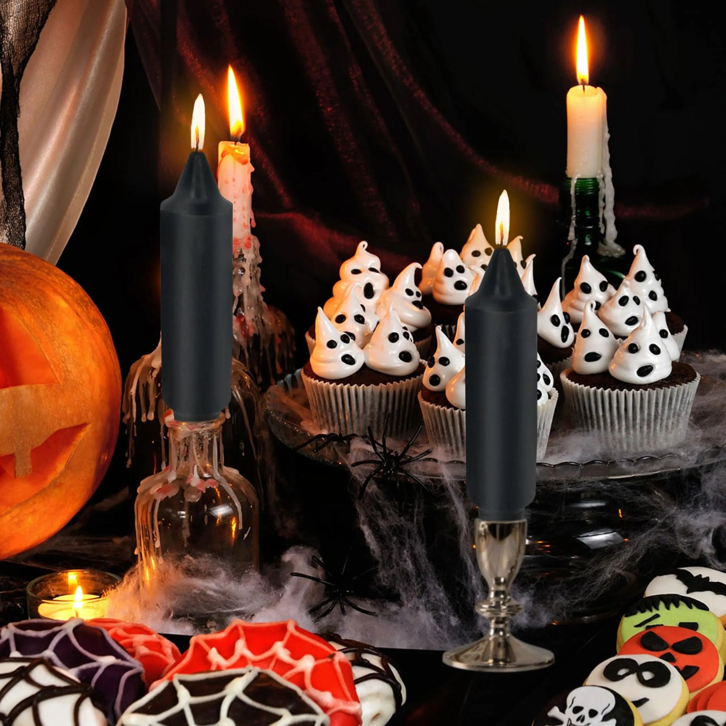 Black Short Taper Candle 5 Inch Halloween Candlesticks Unscented Drippless Candle Set for Home Decor Dinner Candles, 4 Pack