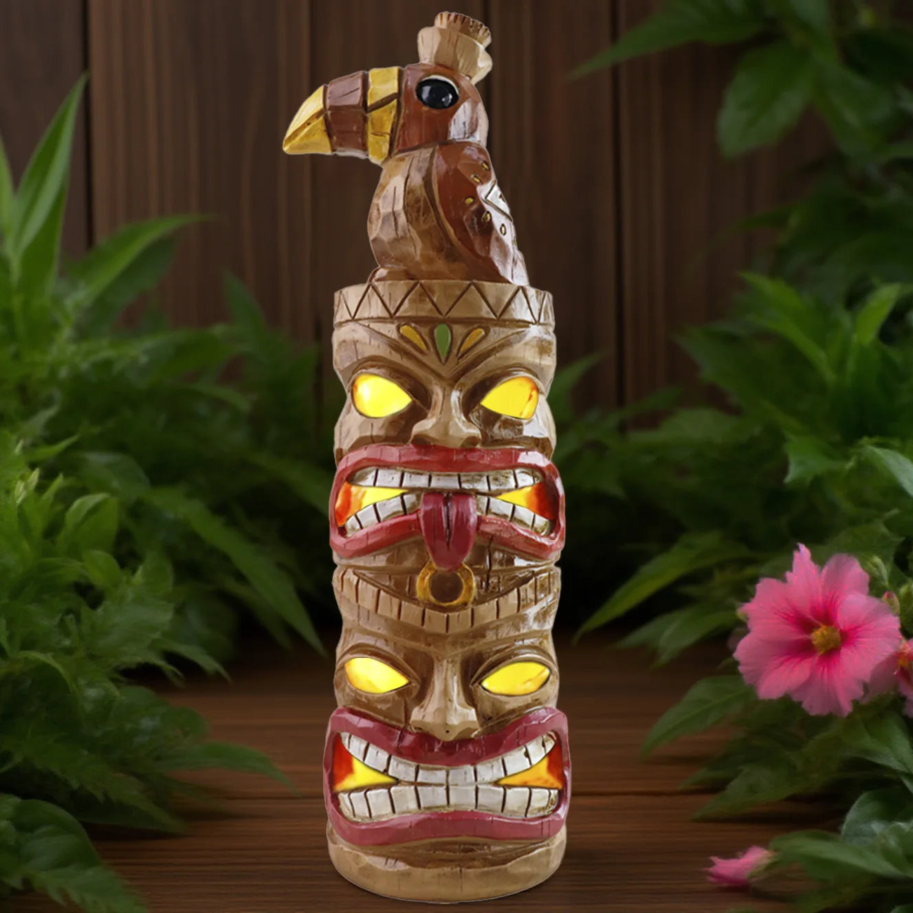 Solar-Powered Toucan Totem Pole Light with Glowing Face Carvings, Tropical-Themed Night Illumination with Bird Perched on Top
