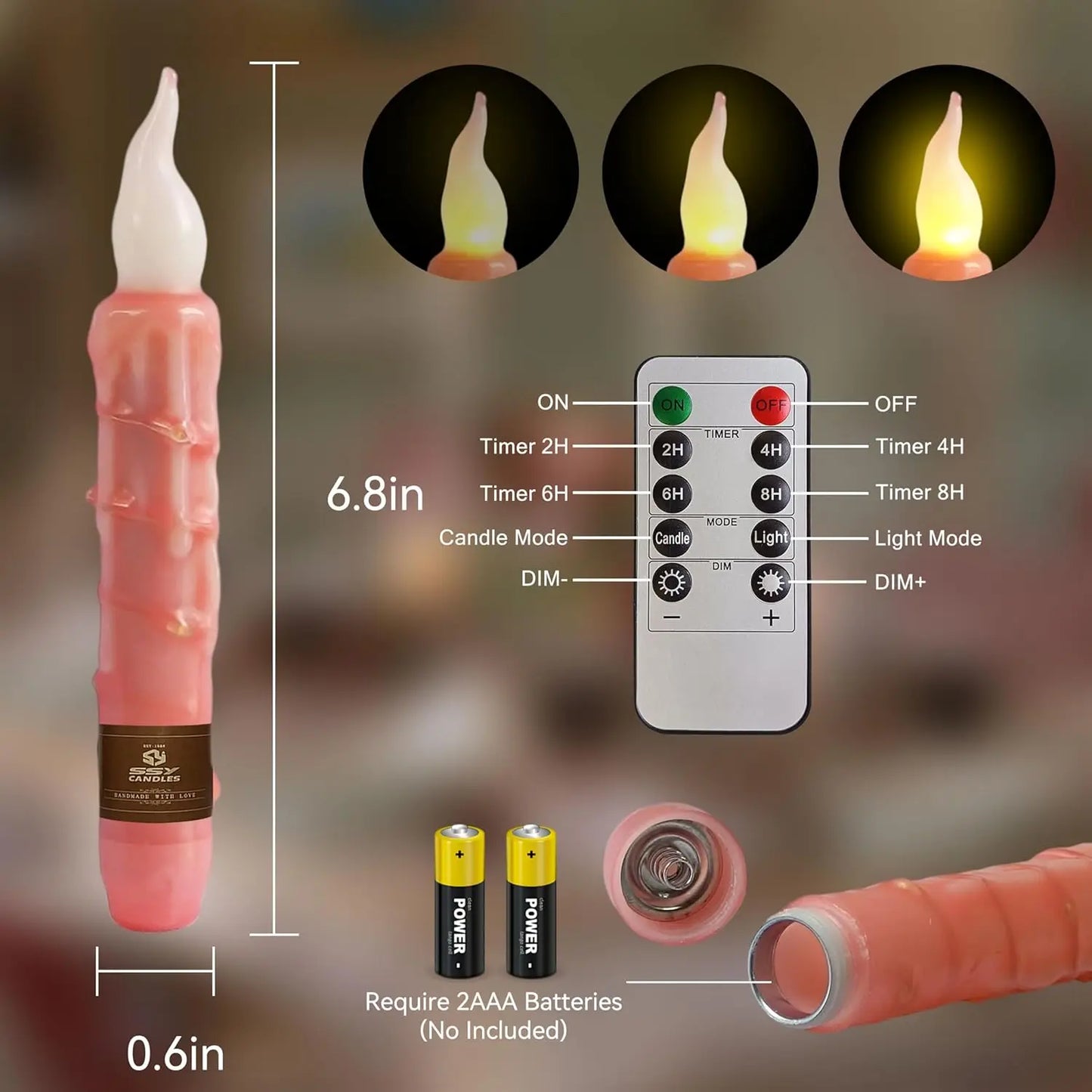 Real Wax Battery Operated Pink LED Taper Candles Short Flameless Timer String Lights for Home Decor Wedding Party