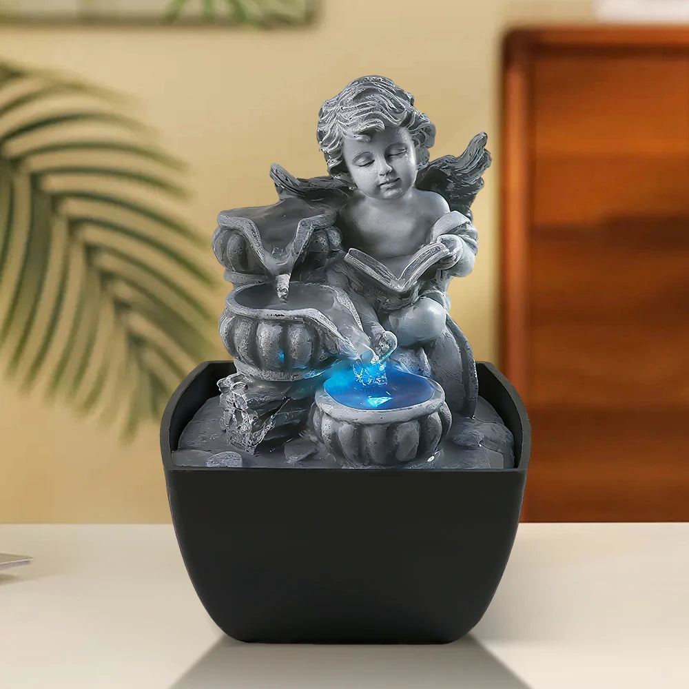 Cherub Fairy-Themed Gray Resin Water Fountain Hand-painted Decorative Art Statue LED Light Feng Shui Indoor Home Decor Model