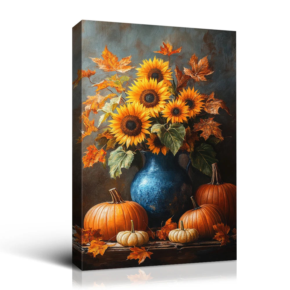 Looife Modern Style Autumn Sunflower & Pumpkin Canvas Wall Art Blue Vase Floral Still Life Halloween Rustic Farmhouse Home Decor