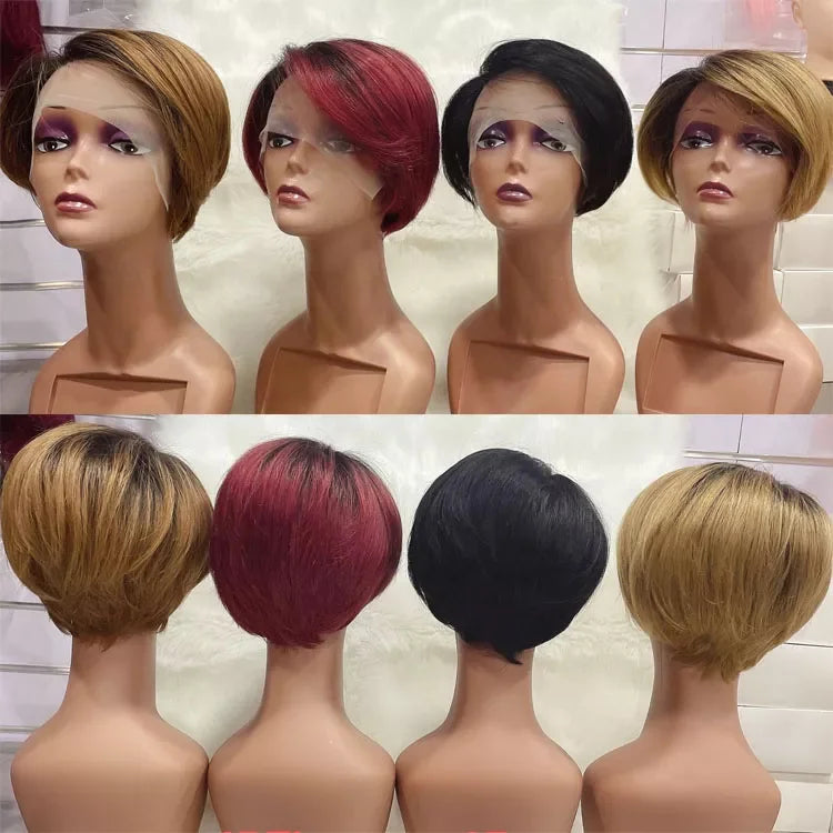 Brazilian Short Bob Pixie Cut Wig Human Hair Bob Short Wine Color Pixie Hair Cuts 13*4*1 Lace Wig With Baby Hair