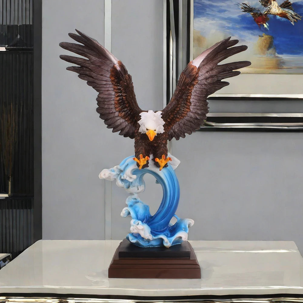 Vigorous Eagle Statue Resin Animal Sculpture Lifelike Detail Wave Base Office Home Decor Display Garden Painting Figurine