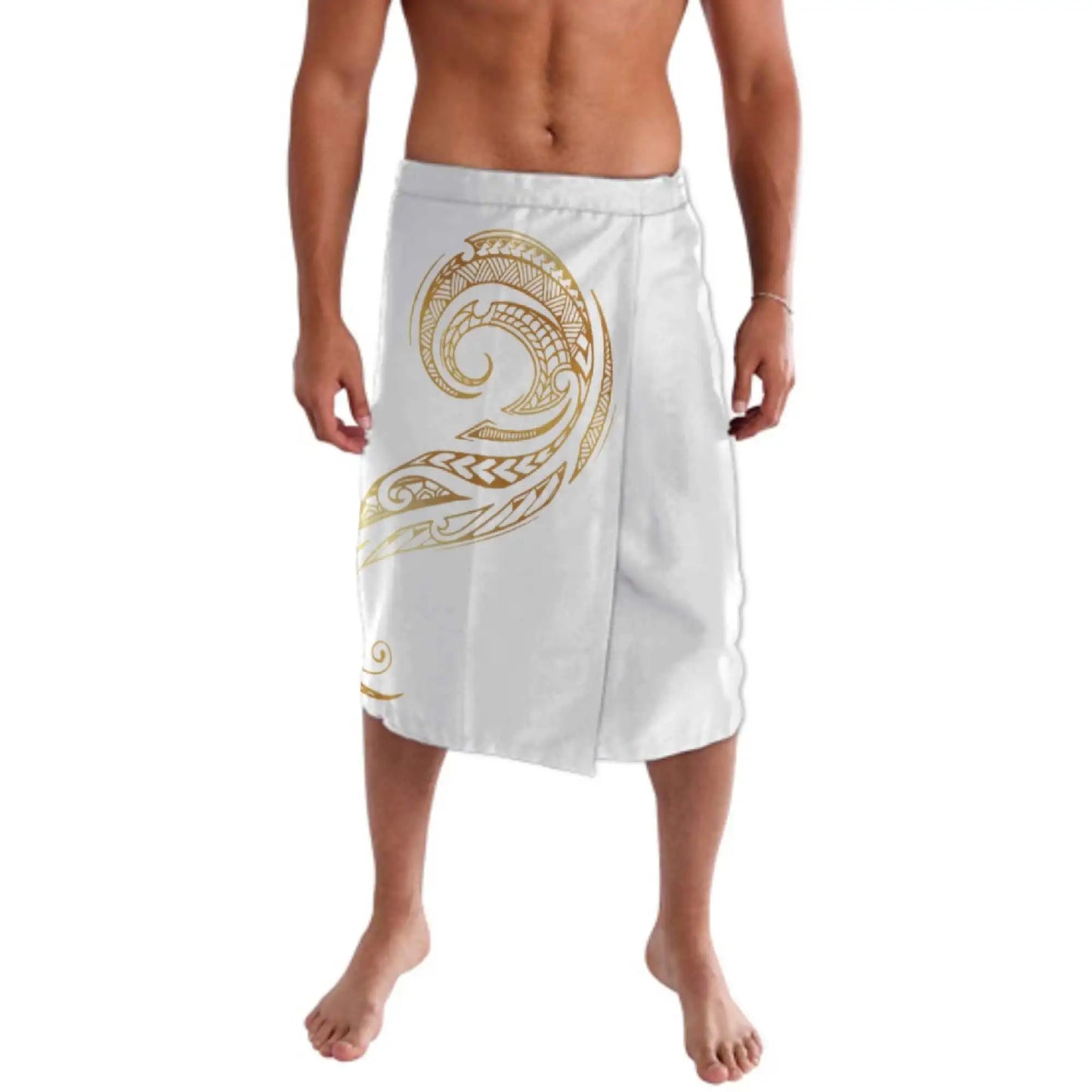Drop Shipping 1 MOQ Casual Aboriginal Men Half Skirt Samoan Clothes White Golden Design Polynesian Tattoo Ie Faitaga Mens Sarong