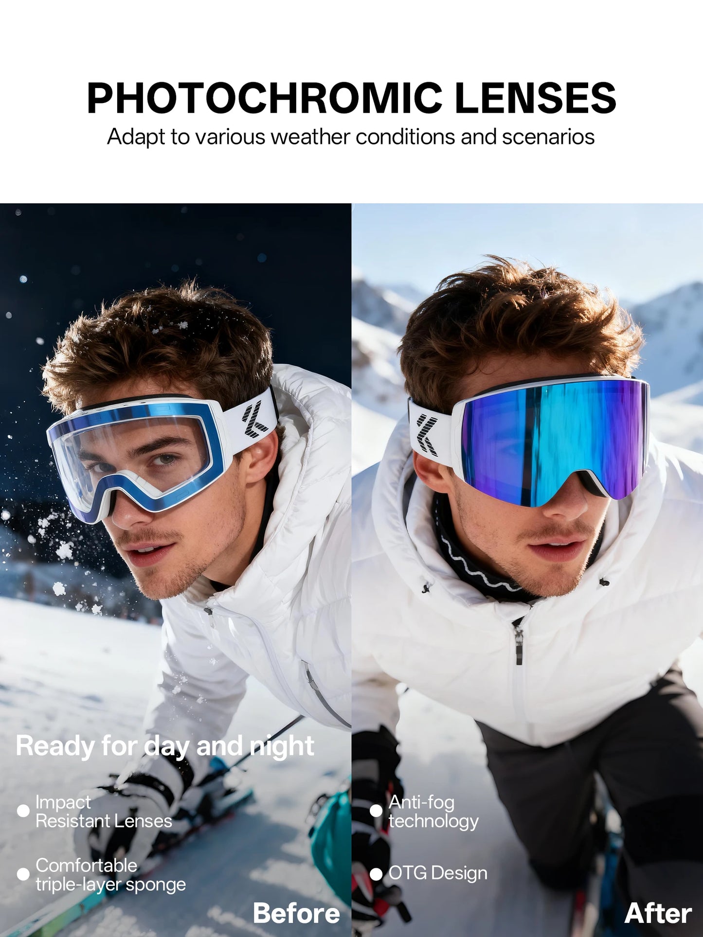 KAPVOE Photochromic Skiing Glasses Anti-fog Winter  for Men Women Outdoor Sports Glasses Racing Backcountry Skiing Snow Eyewear