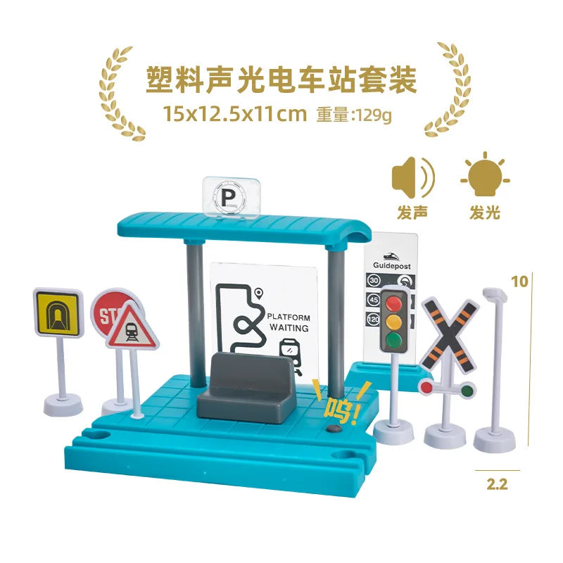 Wooden Train Tracks Railway Toys Set Parking lot apron fire station gas station rotary crane Overpass Model for Kids Toys Gifts