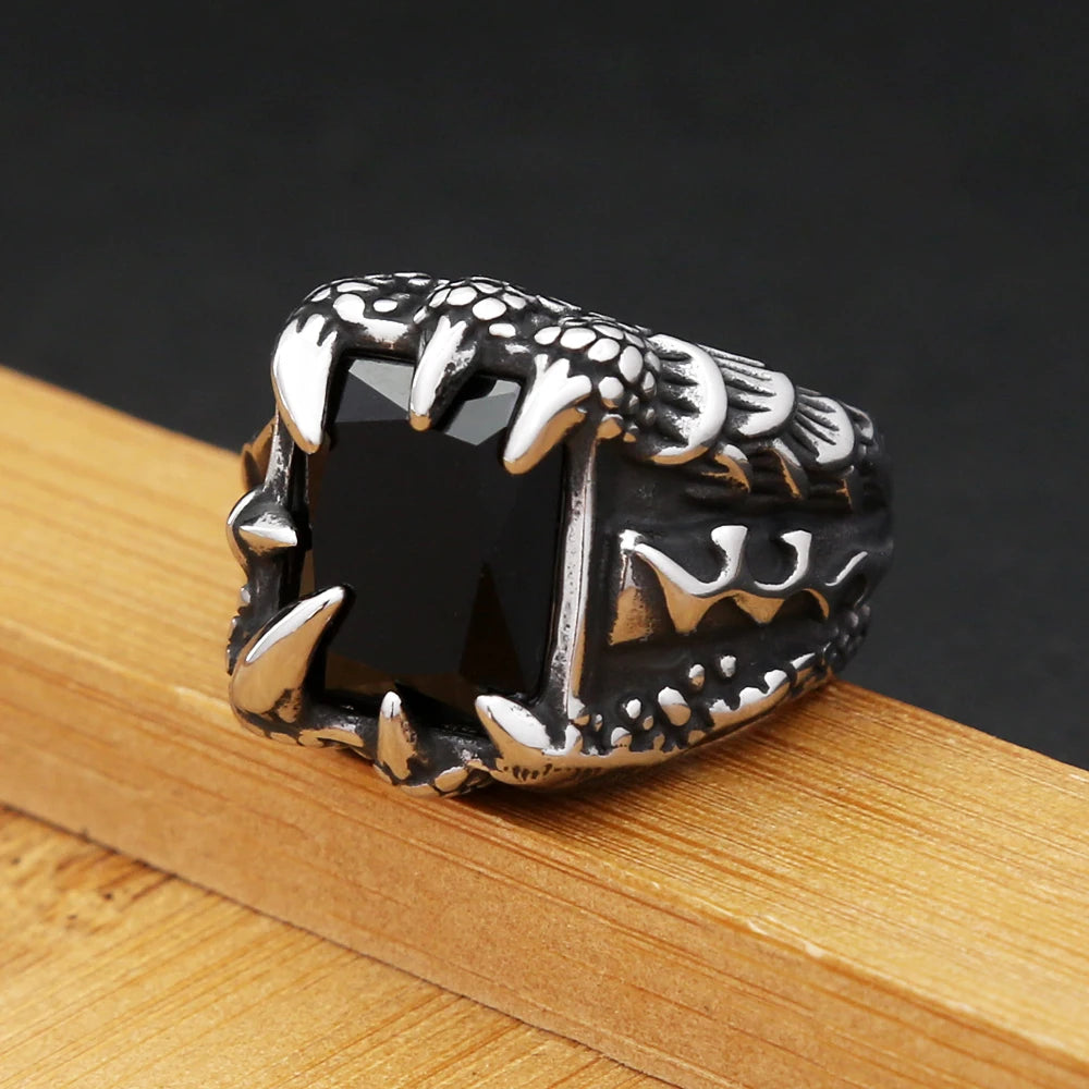 Gothic Dragon Claw Ring - Vintage Stainless Steel Black Stone Statement Ring