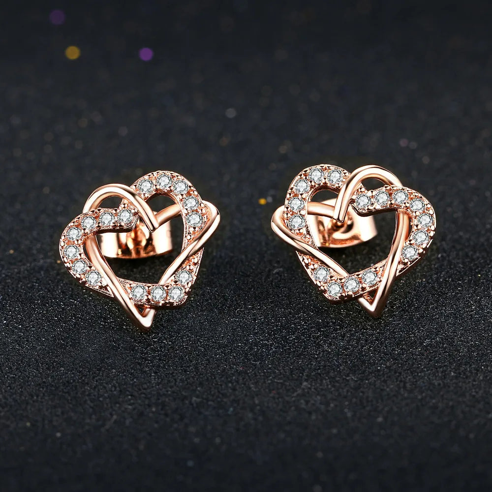 Premium Love Heart Intertwined Stud Earrings - Rose Gold Crystal Jewelry