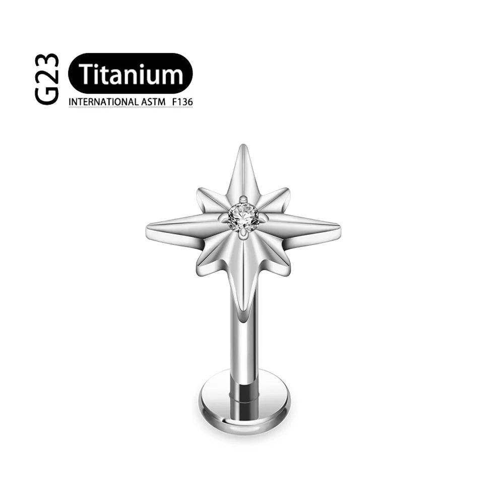 ASTM F136 Titanium 16G Sparkling CZ North Star Stud Earring Labret Cartilage Tragus Helix Conch Lobe Piercing